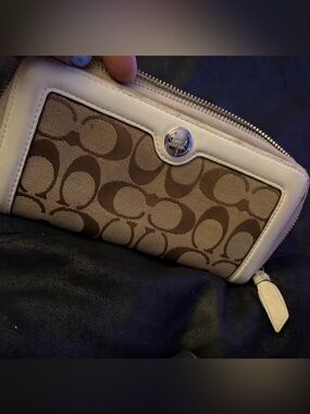 Coach Zip Around Signature Canvas Wallet in Brown and Cream Trim